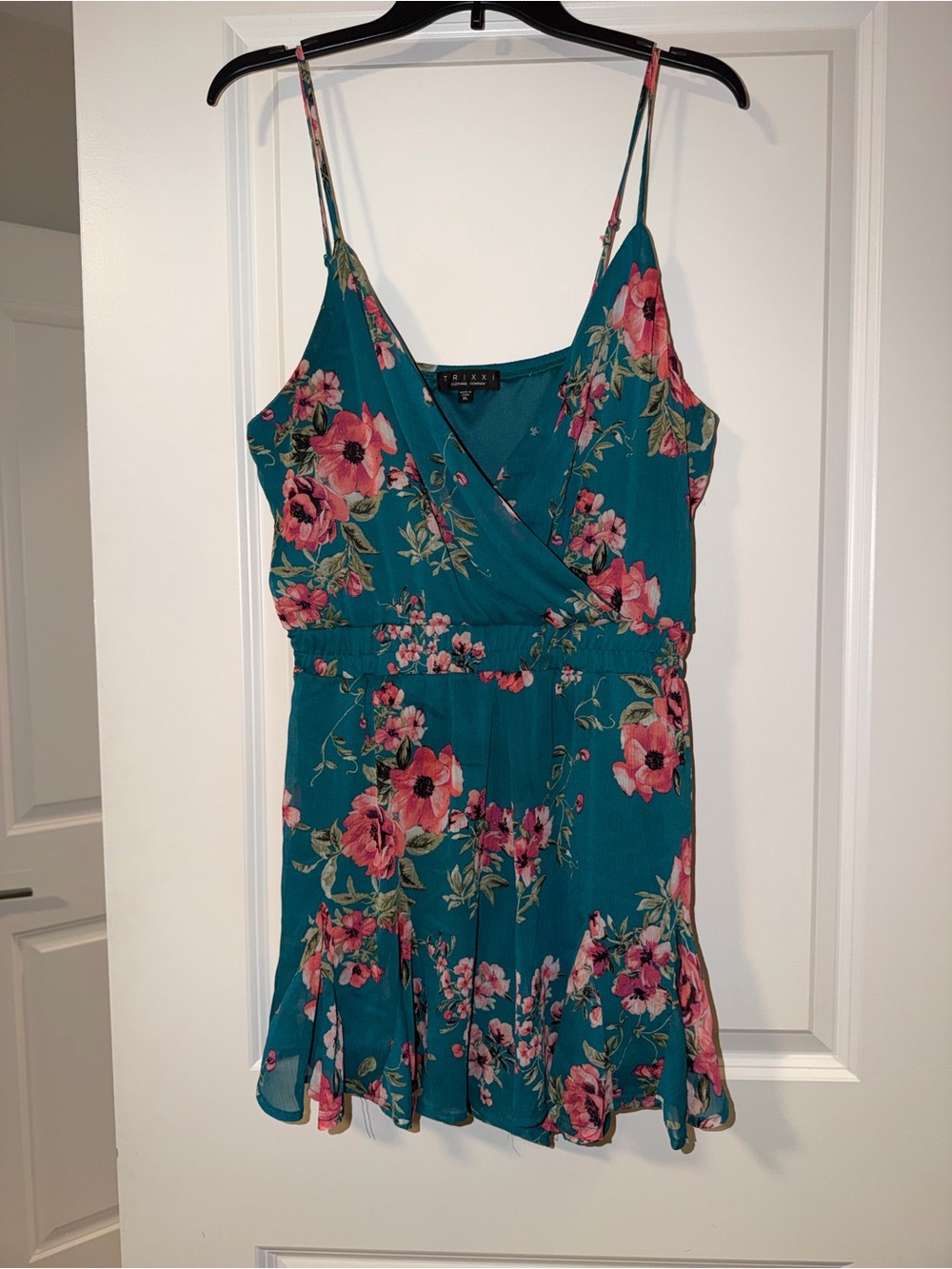 Macy’s Teal Floral Wrap Mini Dress Jumpsuit with Pink Blooms